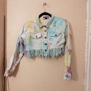 TAXI Vtg tie dye cropped long sleeve W/fringe waisted hem size medium Jacket